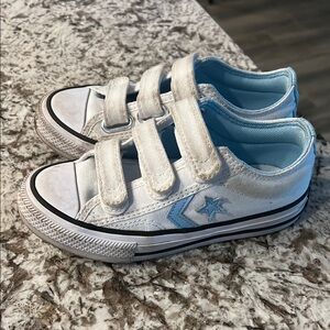11.5 Kids White and Blue Converse Shoes